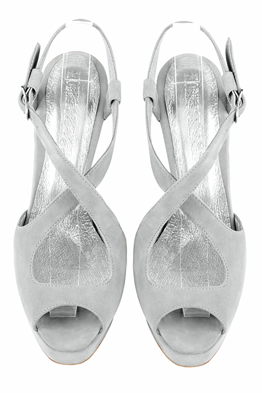 Pearl grey women's open back sandals, with crossed straps. Round toe. Very high slim heel with a platform at the front. Top view - Florence KOOIJMAN